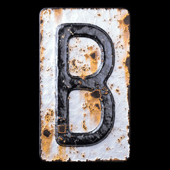 3D render capital letter B made of forged metal on the background fragment of a metal surface with cracked rust.