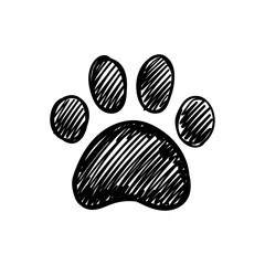 Dog paw doodle, hand drawn sketch. Pet footprint cute illustration.