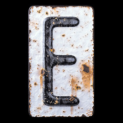 3D render capital letter E made of forged metal on the background fragment of a metal surface with cracked rust.
