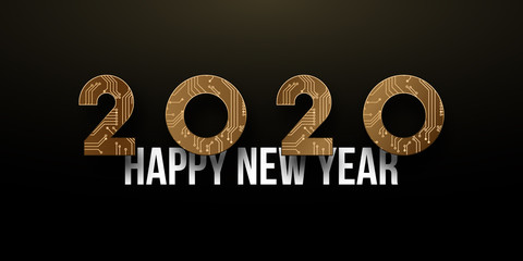 2020 New Year vector long banner. Modern design with circuit board pattern of numbers 2020.