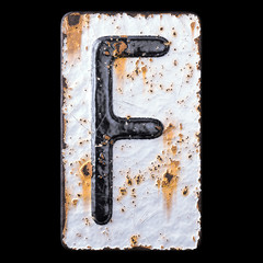 3D render capital letter F made of forged metal on the background fragment of a metal surface with cracked rust.