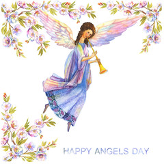 Obraz na płótnie Canvas Happy Angels Day. Angel surrounded by blossoming apple tree branches. Text. Handmade watercolor vintage illustrations for cards, posters, banners, book illustrations.