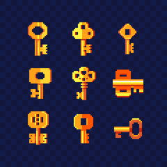 Golden vintage keys set pixel art icon, key isolated vector illustration on white background. Decorative element design for logo, sticker, web, mobile app. Game assets 8-bit sprite.