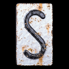 3D render capital letter S made of forged metal on the background fragment of a metal surface with cracked rust.