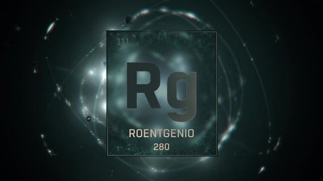 Roentgenium as Element 111 of the Periodic Table. Seamlessly looping 3D animation on green illuminated atom design background with orbiting electrons. Name, atomic weight, element number in Spanish la