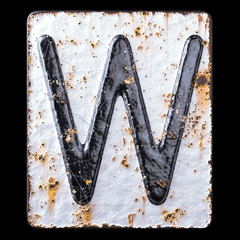 3D render capital letter W made of forged metal on the background fragment of a metal surface with cracked rust.