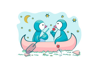  Penguins in love. Valentine's Day. Penguins kiss with their beaks and swim on the ice in the shape of a heart. Color image. Design element. Vector illustration.