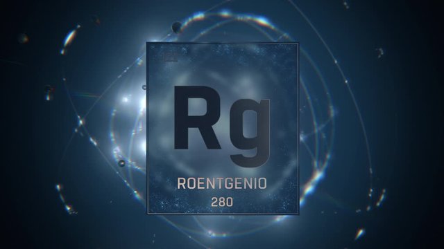 Roentgenium as Element 111 of the Periodic Table. Seamlessly looping 3D animation on blue illuminated atom design background with orbiting electrons. Name, atomic weight, element number in Spanish lan