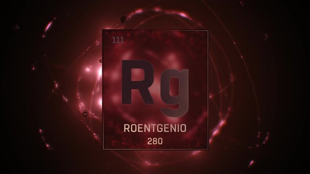 Roentgenium as Element 111 of the Periodic Table. Seamlessly looping 3D animation on red illuminated atom design background with orbiting electrons. Name, atomic weight, element number in Spanish lang