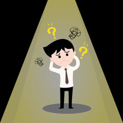 Businessman confused with the questionwith question marks above his head. , the problem exists. 