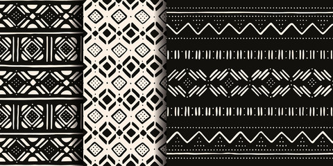 Set of white and black tribal patterns. Traditional Malian cloth with geometric ornament.