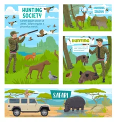 Foto op Canvas Hunter club society, hunting open season and African safari hunt posters. Vector hunter in camouflage with rifle gun and dog, hippopotamus and forest boar, elk or deer and wolf, ducks and partridge © Vector Tradition