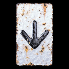 Symbol arrow to down made of forged metal on the background fragment of a metal surface with cracked rust.