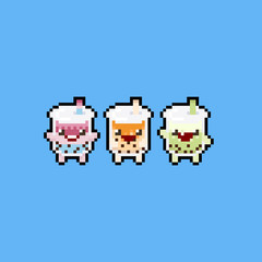 Fototapeta premium Pixel art cute cartoon bubble milk tea character icon set.