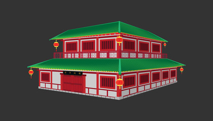 3d beautiful china house minimal style.happy chinese new year.sign of Xin Nian Kual Le characters for CNY festival.holiday category.