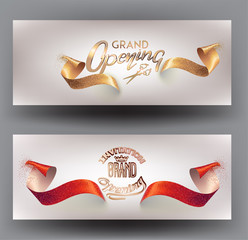 Grand opening invitation cards with sparkling ribbons. Vector illustration