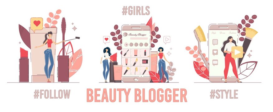 Women Fashion Bloggers Shooting Lipstick Review, Sharing Video Content in Social Media Set. Cosmetics Products Advertising, Creation Online Trading Platform and Channel. Beauty Blog and Style Vlog - Powered by Adobe