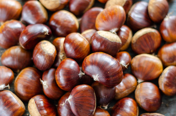 Edible chestnuts on the  wooden table.