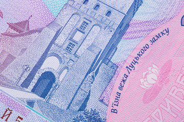 Ukrainian money. Hryvnia paper bill. Background texture. Macro, close-up.