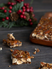Turron de guirlache, Guirlache nougat made with almond and caramel. Traditional Christmas sweet consumed in Spain.