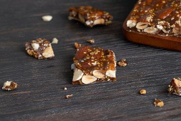 Turron de guirlache, Guirlache nougat made with almond and caramel. Traditional Christmas sweet consumed in Spain.
