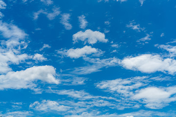 Beautiful blue sky and white cumulus clouds abstract background. Cloudscape background. Blue sky and fluffy white clouds on sunny day. Nature weather. Cotton feel texture. White soft clouds background