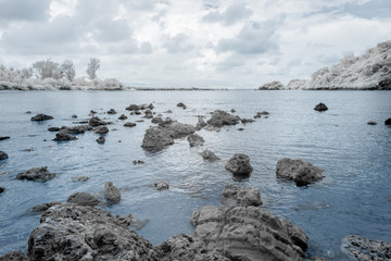 View of sea and land in cloudy day