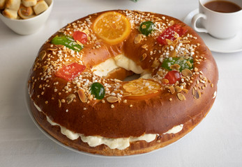 Close up of Roscon de reyes , traditional Spanish holiday dessert served the morning of Reyes, also known as Epiphany on Jan. 6.