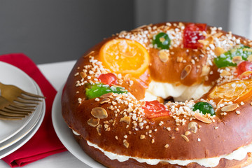 Close up of Roscon de reyes , traditional Spanish holiday dessert served the morning of Reyes, also known as Epiphany on Jan. 6.
