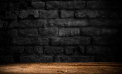 Old wood plank with abstract old brick wall background for product display