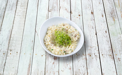 Risotto with seafood, mushrooms and parmesan.