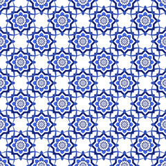 Azulejos portuguese traditional ornamental tile, blue and white seamless pattern