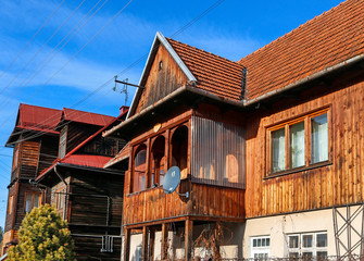 RABKA ZDROJ, POLAND - DECEMBER 06, 2019:  Historic wooden houses in the city center
