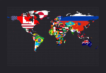 World map with flags. Cylindrical stereographic projection. Map of the world with meridians on dark background. Vector illustration.