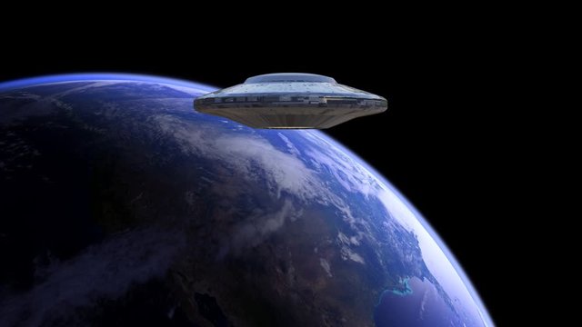 UFO, rotating alien spaceship with extraterrestrial visitors, flying in orbit of planet Earth, 4k loop