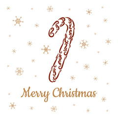 Stylized caramel cane from the elements of ornament. Snowflakes and inscription Merry Christmas.