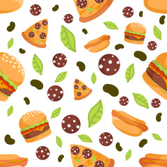 Fast food pattern. Vector seamless texture. Doodle food elements can be used for wallpaper, website background, flyer