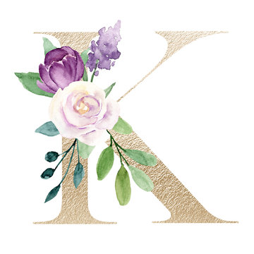 Floral alphabet, gold letter k with watercolor violet flowers and leaf. Botanical monogram initials perfectly for wedding invitations, greeting card and other. Holiday design hand painting. 