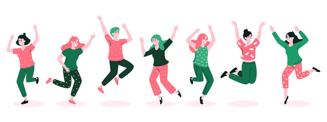 Happy jumping people. Group of laughing girls jumping and have fun flat vector cartoon illustration