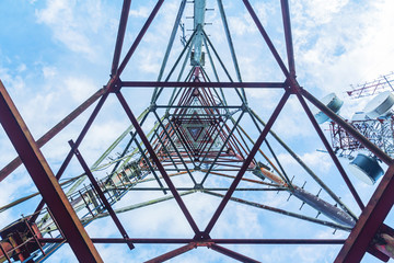 Telecommunication mast TV antennas in the afternoon ,on the hill blue sky with cloud bright at Phuket Thailand.