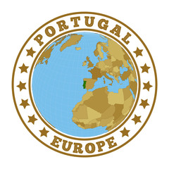 Portugal logo. Round badge of country with map of Portugal in world context. Country sticker stamp with globe map and round text. Vector illustration.