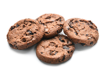 Tasty cookies with chocolate chips on white background