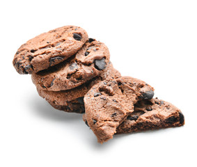 Tasty cookies with chocolate chips on white background