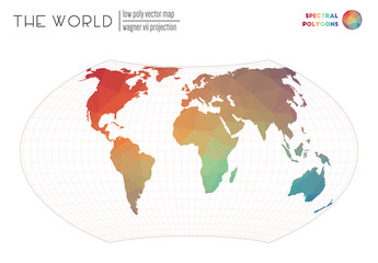 Vector map of the world. Wagner VII projection of the world. Spectral colored polygons. Trending vector illustration.