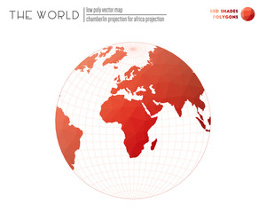 Polygonal world map. Chamberlin projection for Africa projection of the world. Red Shades colored polygons. Trending vector illustration.