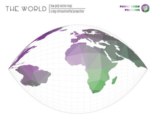 Polygonal world map. Craig retroazimuthal projection of the world. Purple Green colored polygons. Beautiful vector illustration.