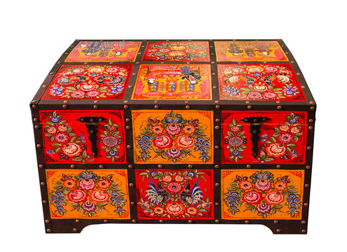Russian folk arts and crafts - chest with Gorodets painting. Nizhny Novgorod region, Gorodets, Russia