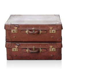 Di cut old  2 leather bag stacked on white background, vintage, object, copy space