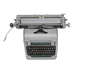 Top view antique silver and green Typewriter on white background, vintage background,object background, copy space