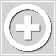 gray icon with white silhouette of a white circle and cross